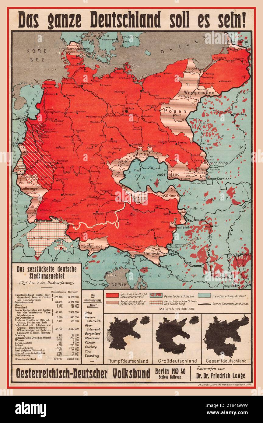 Mappa della propaganda della Germania degli anni '1920 intitolata "IT Should be the Whole of Germany" (DAS GANZE DEUTSCHLAND SOLL es SEIN !) fatta tra le guerre. Negli anni '1920, la Germania aveva bisogno di un supporto cartografico illustrato per le affermazioni che il Trattato di Versailles era stato ingiusto. La mappa fu pubblicata dalla Volksbund austro-tedesca (Lega nazionalista dei popoli), con sede a Berlino in Germania Foto Stock