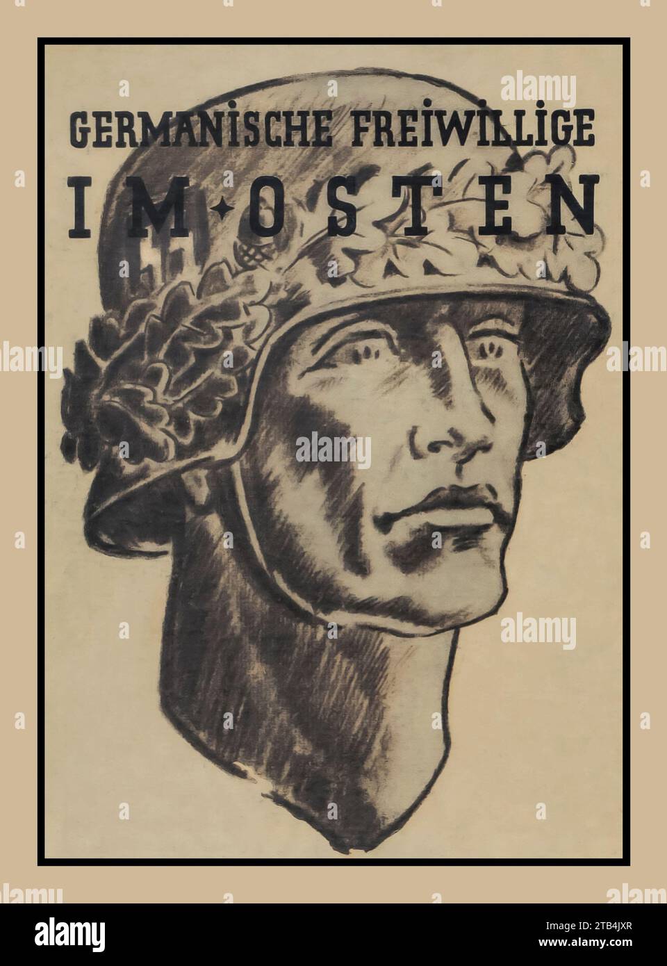 Poster del reclutamento della propaganda nazista della seconda guerra mondiale degli anni '1940 che illustra un soldato delle Waffen SS con il suo casco avvolto in foglie di quercia. La didascalia recita "VOLONTARI GERMANICI IN ORIENTE" (germanische freiwillige IM OSTEN) poster carta promozionale Foto Stock
