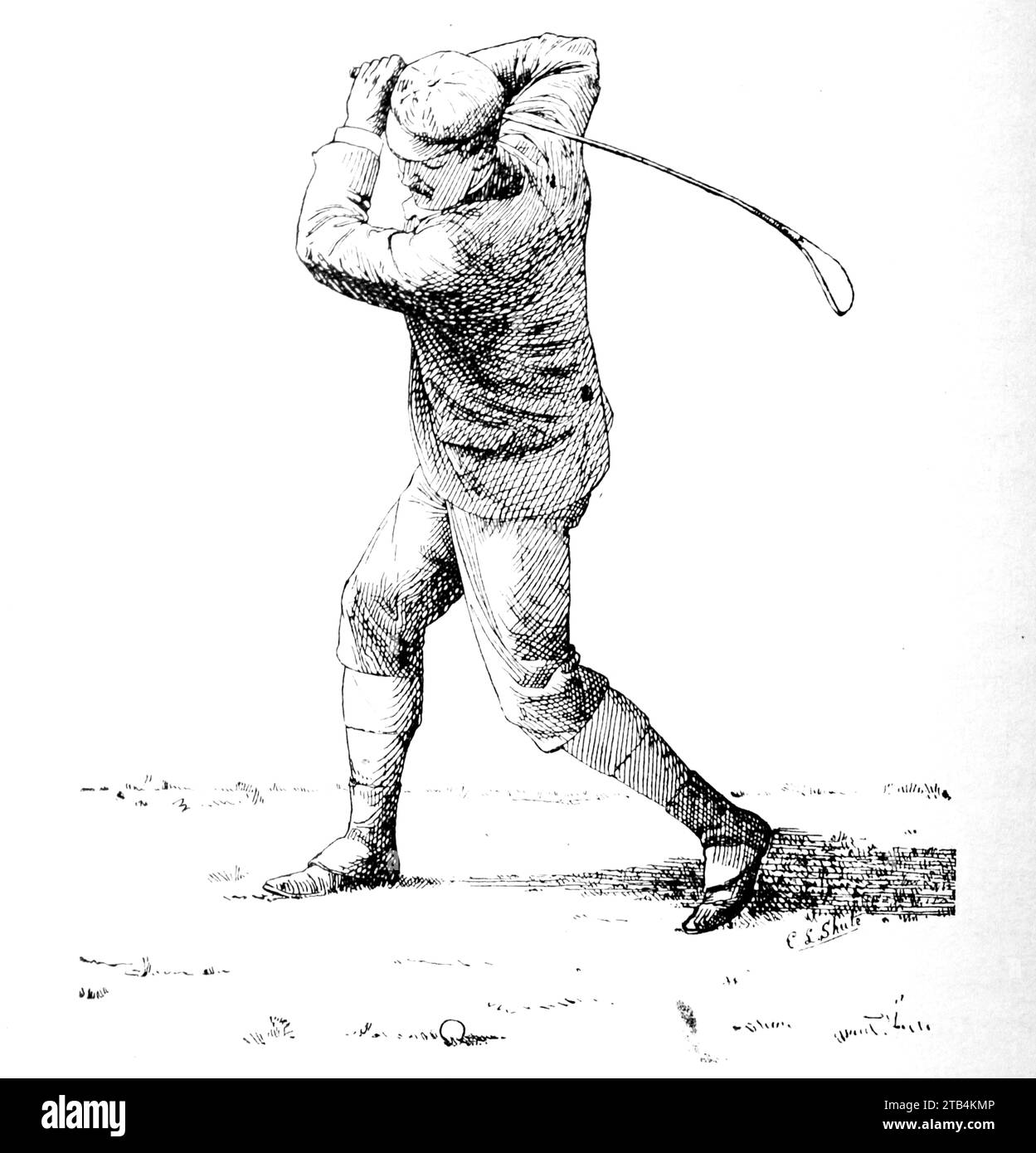 Nella parte superiore dell'oscillazione (come dovrebbe essere), da E.L. Shute. Da un'illustrazione sul golf, datata dal 1889 al 1901. La storia del golf è lunga. Anche se le sue origini sono contestate, gli storici sono generalmente concordi sul fatto che quello che è conosciuto come "moderno" golf è iniziato nel Medioevo in Scozia. Fu solo dalla metà alla fine del XIX secolo che questo sport divenne più popolare in Gran Bretagna, nell'Impero britannico e poi negli Stati Uniti. Nel corso degli anni, l'umile palla da golf e il golf club sono cambiati enormemente. Foto Stock