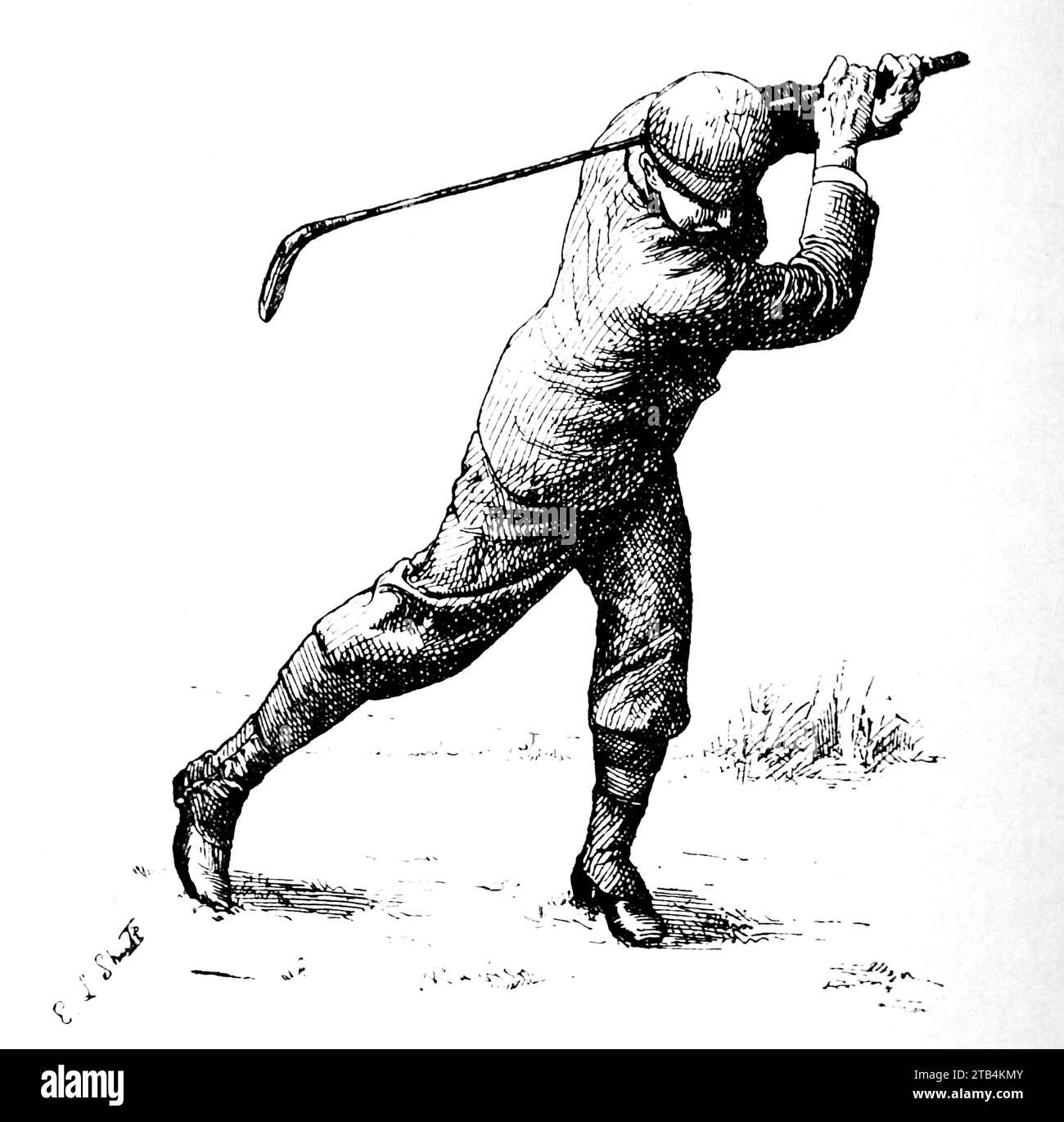 Alla fine dell'oscillazione, (come dovrebbe essere), da E.L. Shute. Da un'illustrazione sul golf, datata dal 1889 al 1901. La storia del golf è lunga. Anche se le sue origini sono contestate, gli storici sono generalmente concordi sul fatto che quello che è conosciuto come "moderno" golf è iniziato nel Medioevo in Scozia. Fu solo dalla metà alla fine del XIX secolo che questo sport divenne più popolare in Gran Bretagna, nell'Impero britannico e poi negli Stati Uniti. Nel corso degli anni, l'umile palla da golf e il golf club sono cambiati enormemente. Foto Stock
