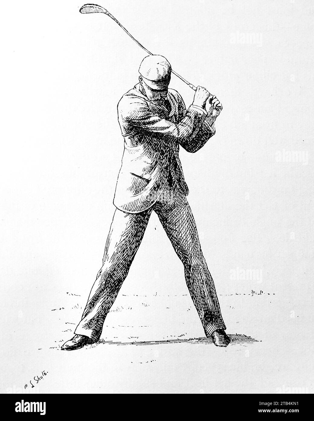 Alla fine dell'oscillazione, (come non dovrebbe essere), da E.L. Shute. Da un'illustrazione sul golf, datata dal 1889 al 1901. La storia del golf è lunga. Anche se le sue origini sono contestate, gli storici sono generalmente concordi sul fatto che quello che è conosciuto come "moderno" golf è iniziato nel Medioevo in Scozia. Fu solo dalla metà alla fine del XIX secolo che questo sport divenne più popolare in Gran Bretagna, nell'Impero britannico e poi negli Stati Uniti. Nel corso degli anni, l'umile palla da golf e il golf club sono cambiati enormemente. Foto Stock