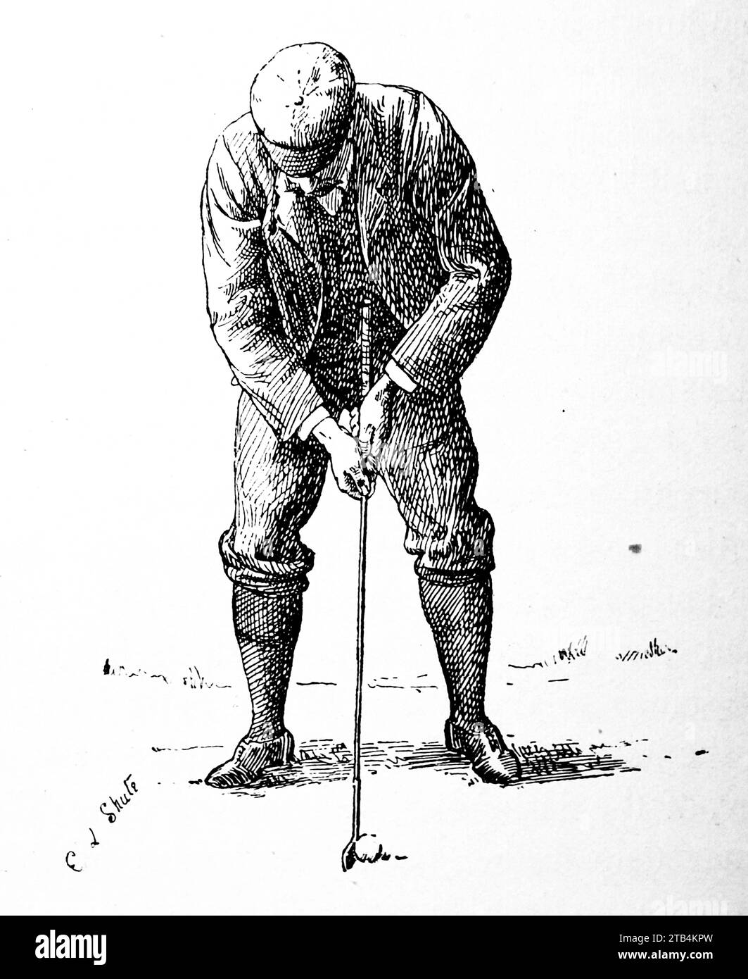 Uno stile alternativo di Putting, di E.L. Shute. Da un'illustrazione sul golf, datata dal 1889 al 1901. La storia del golf è lunga. Anche se le sue origini sono contestate, gli storici sono generalmente concordi sul fatto che quello che è conosciuto come "moderno" golf è iniziato nel Medioevo in Scozia. Fu solo dalla metà alla fine del XIX secolo che questo sport divenne più popolare in Gran Bretagna, nell'Impero britannico e poi negli Stati Uniti. Nel corso degli anni, l'umile palla da golf e il golf club sono cambiati enormemente. Foto Stock