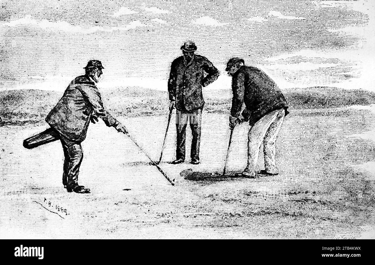 A Good Caddie, un caddie che diverte una palla da golf sul green, di T. Hodge, c1889. Da un'illustrazione sul golf, datata dal 1889 al 1901. La storia del golf è lunga. Anche se le sue origini sono contestate, gli storici sono generalmente concordi sul fatto che quello che è conosciuto come "moderno" golf è iniziato nel Medioevo in Scozia. Fu solo dalla metà alla fine del XIX secolo che questo sport divenne più popolare in Gran Bretagna, nell'Impero britannico e poi negli Stati Uniti. Nel corso degli anni, l'umile palla da golf e il golf club sono cambiati enormemente. Foto Stock