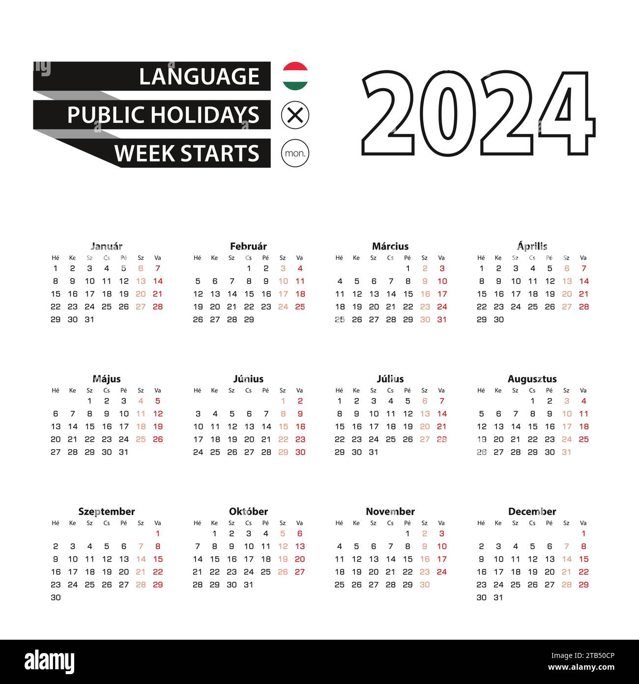Calendario 2024 in lingua ungherese, la settimana inizia il lunedì. Calendario vettoriale 2024 anni. Illustrazione Vettoriale