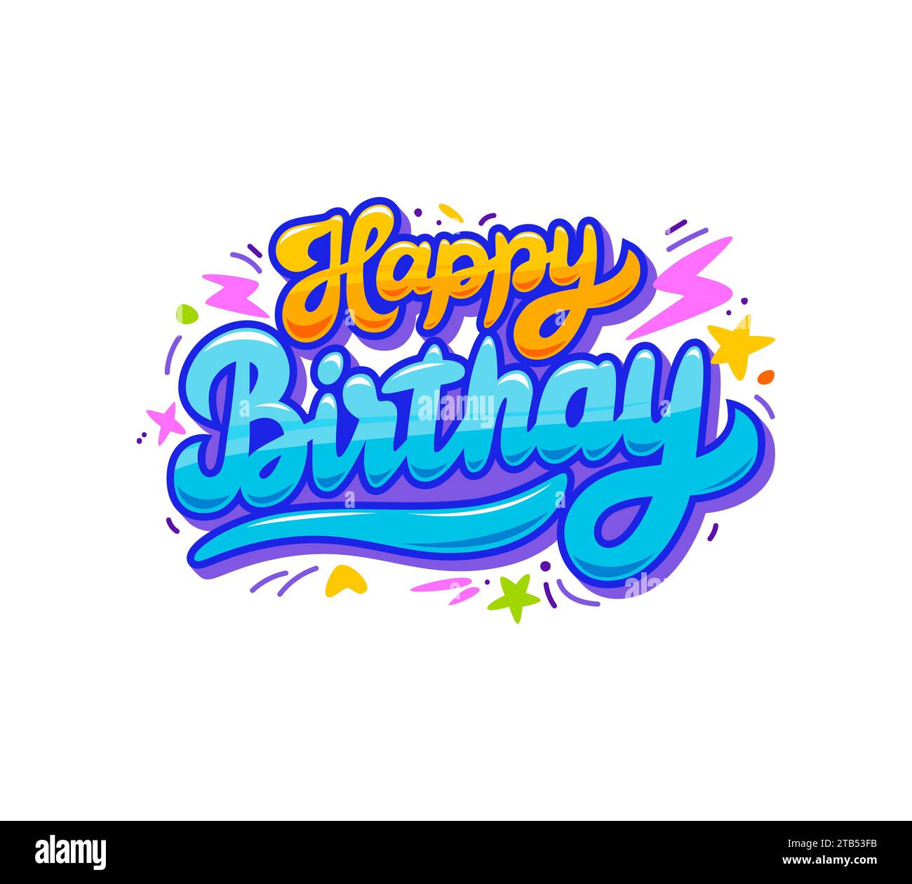 Badge di buon compleanno e adesivo di auguri, vivace, audace e pieno di emblemi per le celebrazioni, perfetti per aggiungere un tocco di colore ed emozione ai tuoi auguri e decorazioni di compleanno Illustrazione Vettoriale