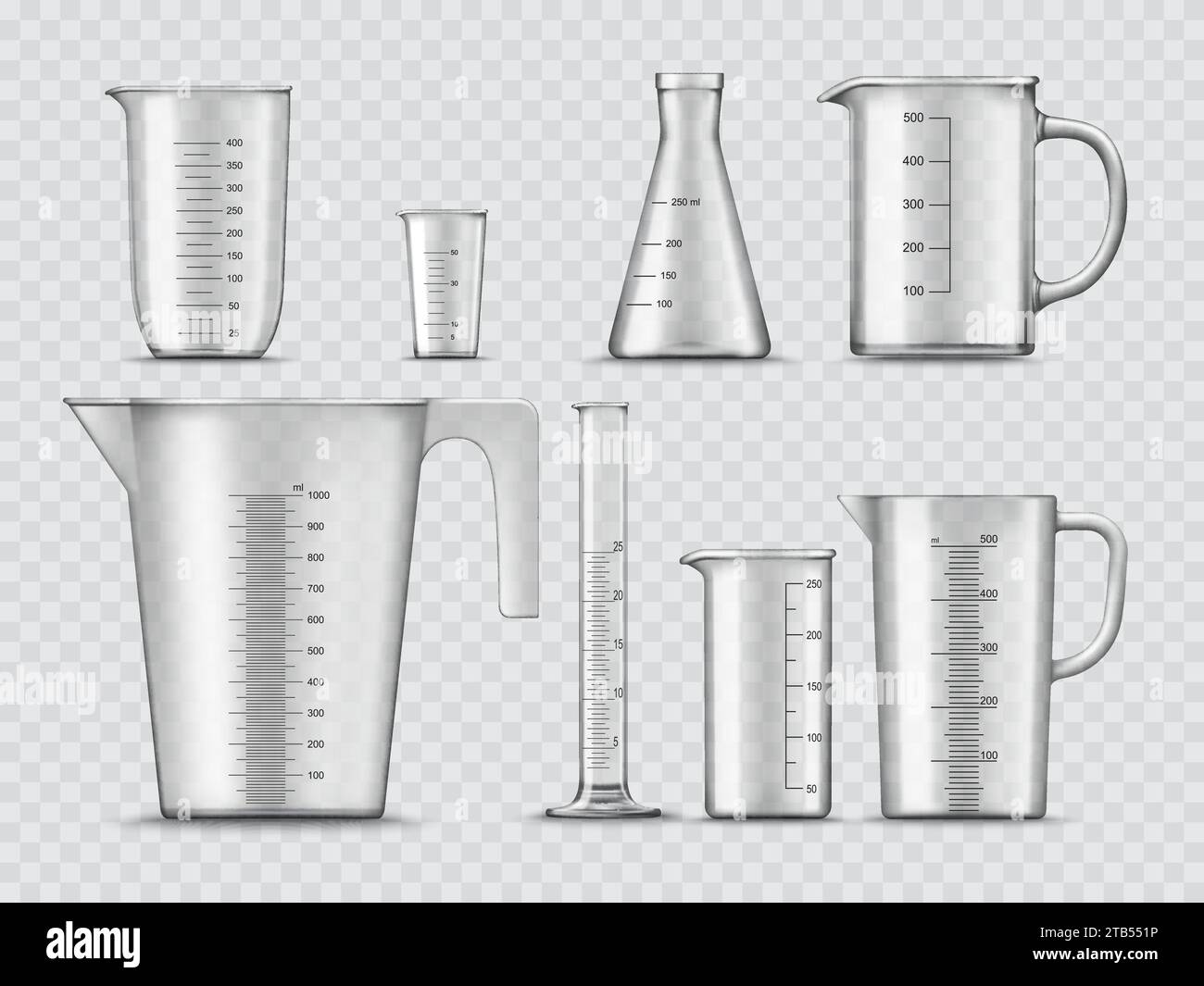 Misurano tazze e contenitori in vetro, becher da laboratorio e matracci per chimica, vettore realistico. Apparecchiature da laboratorio e vetreria per test, provette chimiche isolate, cilindri di misurazione e tazze per fiale Illustrazione Vettoriale