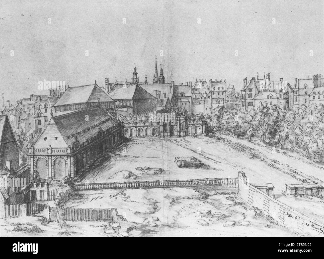 Vue de l'orangerie du Luxembourg depuis le Premier étage du palais, 1633, dessin par Étienne Martellange - Gady 2005 p246 fig167. Foto Stock