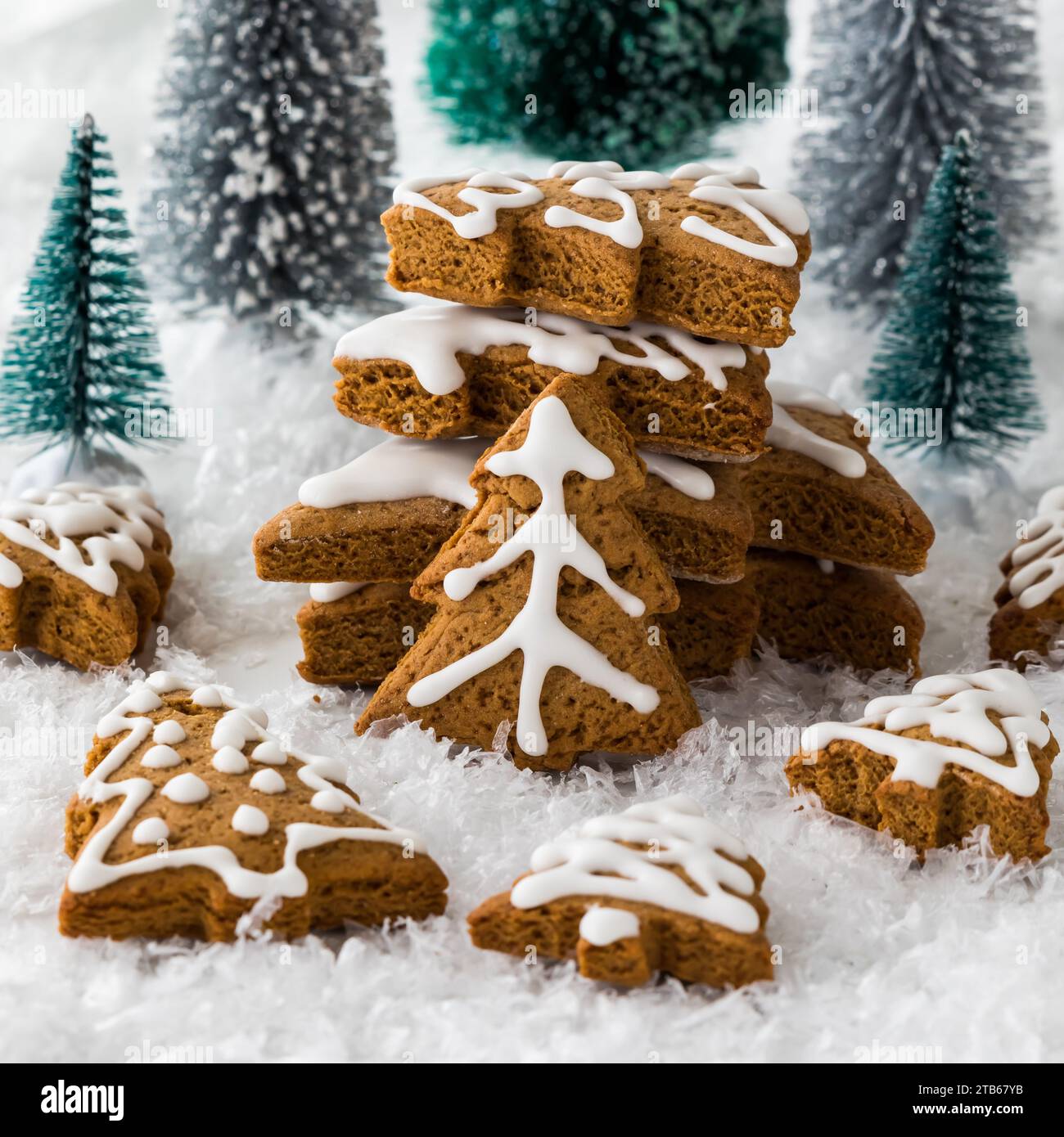 Una disposizione di biscotti al pan di zenzero a forma di alberi, per le vacanze. Foto Stock