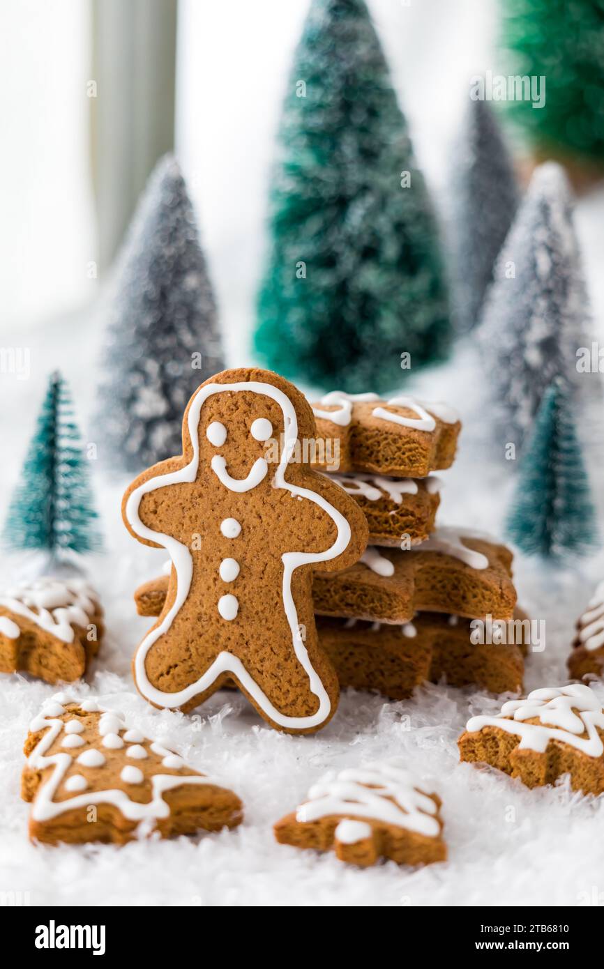 Biscotti di pan di zenzero a forma di festa con un uomo di pane di zenzero davanti. Foto Stock