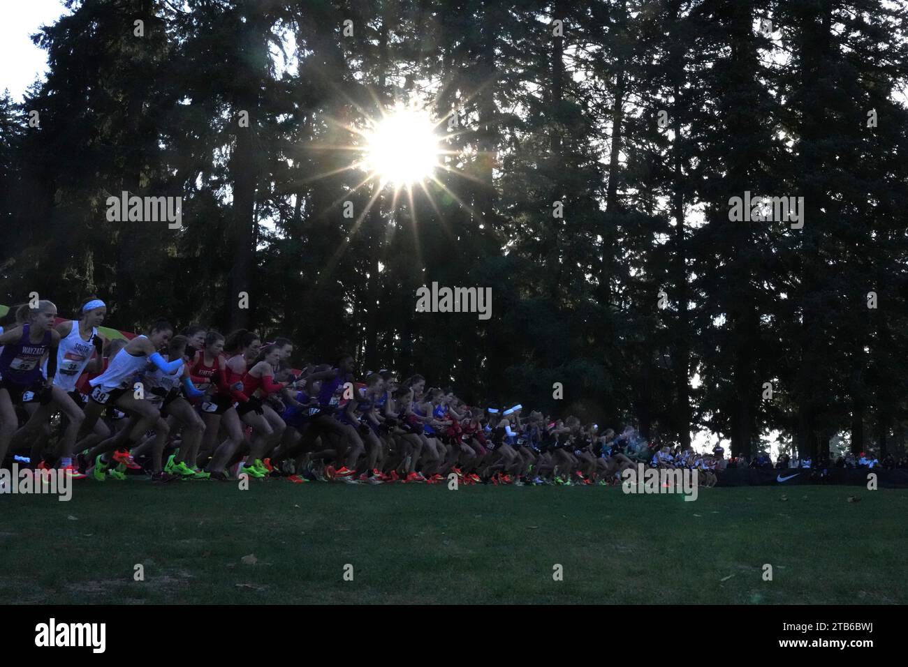 L'inizio della gara femminile durante i campionati NXN High School Cross Country, sabato 3 dicembre 2022, a Portland, ore Foto Stock