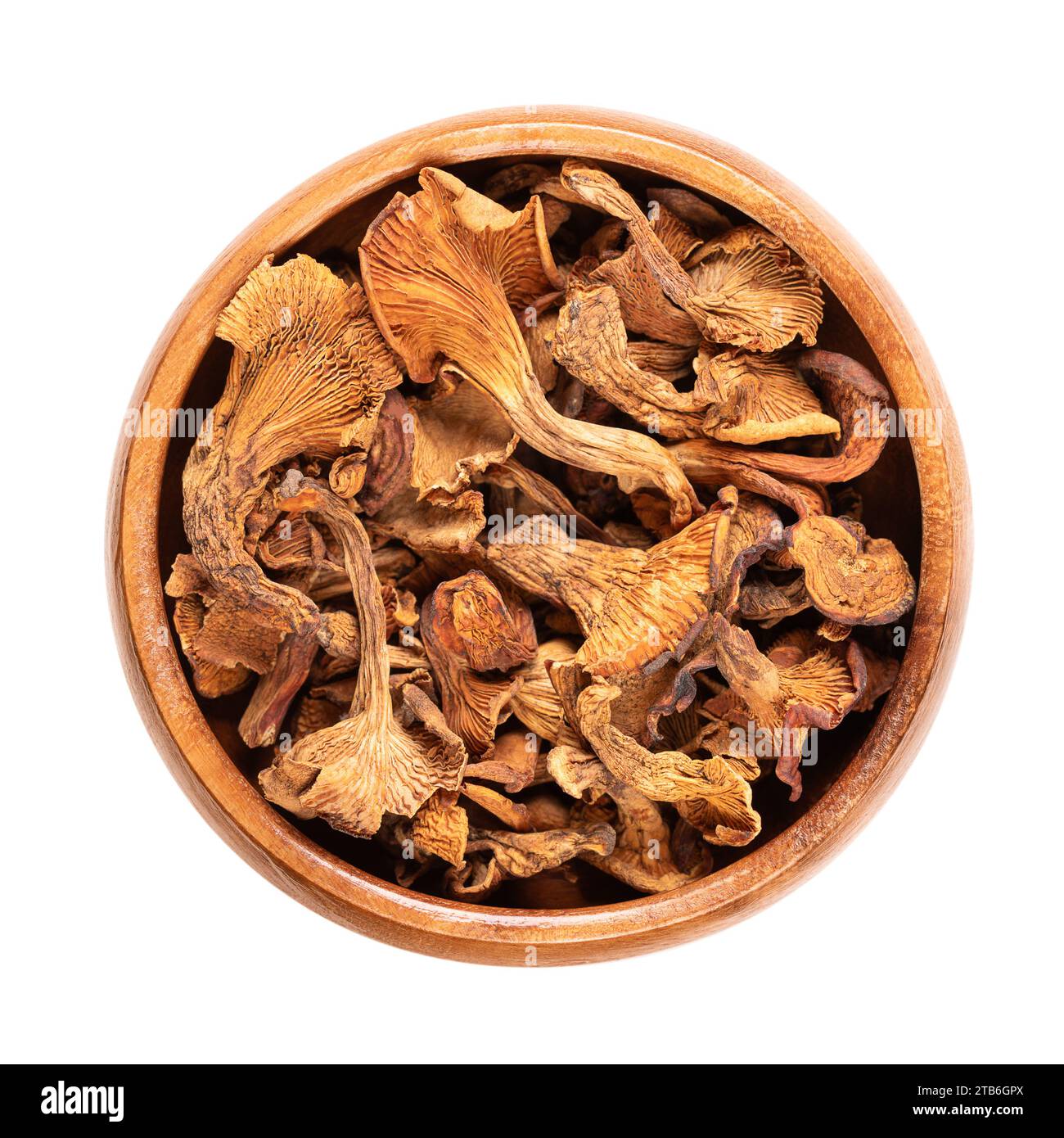 I lampadari essiccati in una ciotola di legno. Fungo chanterelle dorato, Cantharellus cibarius, noto anche come girolle, di colore giallo. Foto Stock