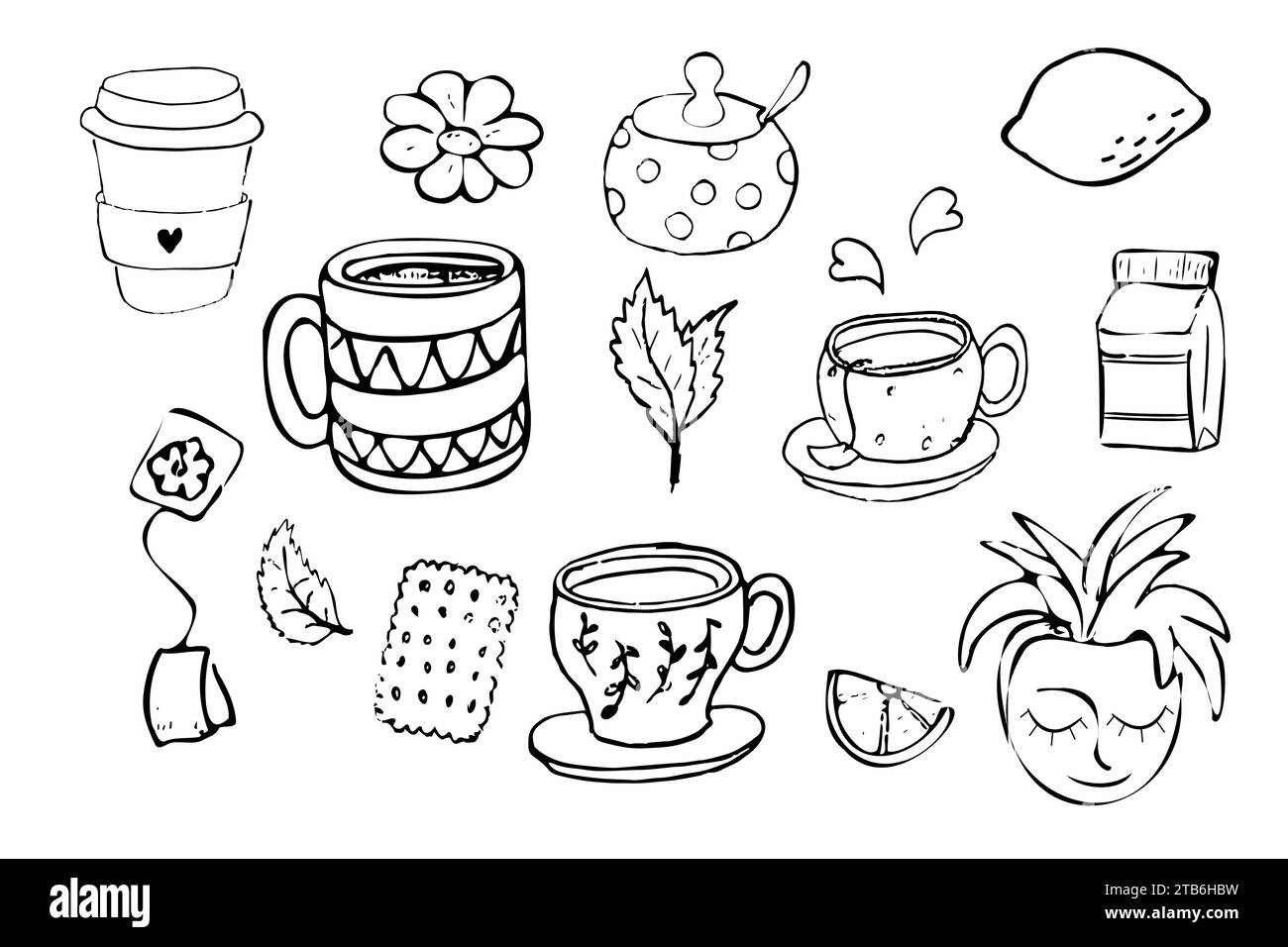 Preparare tè e caffè con tazze, menta, camomilla, limone e latte in stile doodle isolati su sfondo bianco. Illustrazione vettoriale Illustrazione Vettoriale