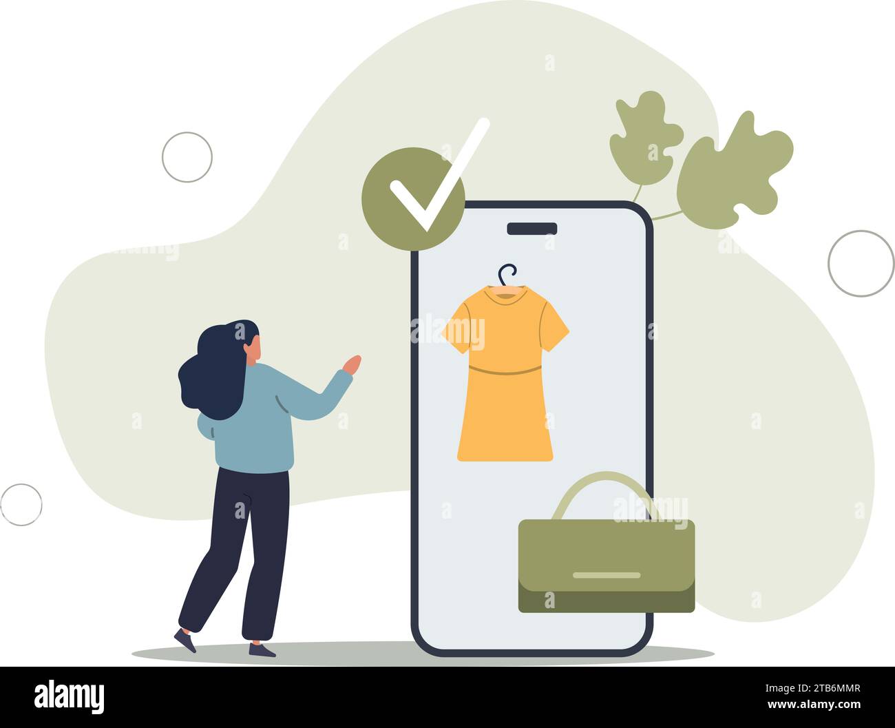 acquistare abbigliamento e tessuti ecologici riciclati consapevolmente. la donna sceglie un abito e una borsa online. Illustrazione Vettoriale