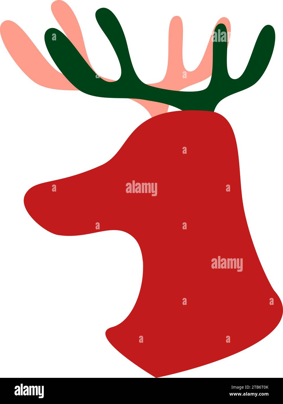 Testa di cervo con grandi corna. Elemento di design piatto rosso verde. Icona di vacanza del profilo della testa di cervo pop art. Elemento evento natalizio. L'icona del vettore piatto semplice è Illustrazione Vettoriale
