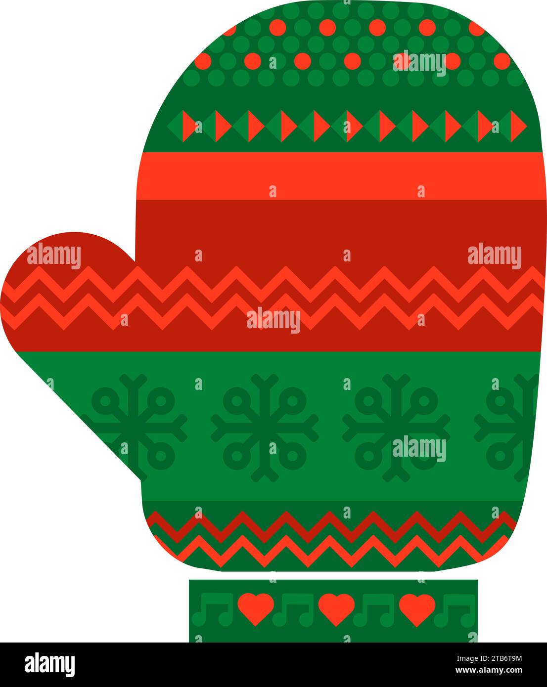 Guanti per bambini a maglia con motivo festivo norvegese nei colori rosso e verde. Guanto lavorato a maglia in maglia decorata fatta a mano. Piatto semplice Illustrazione Vettoriale