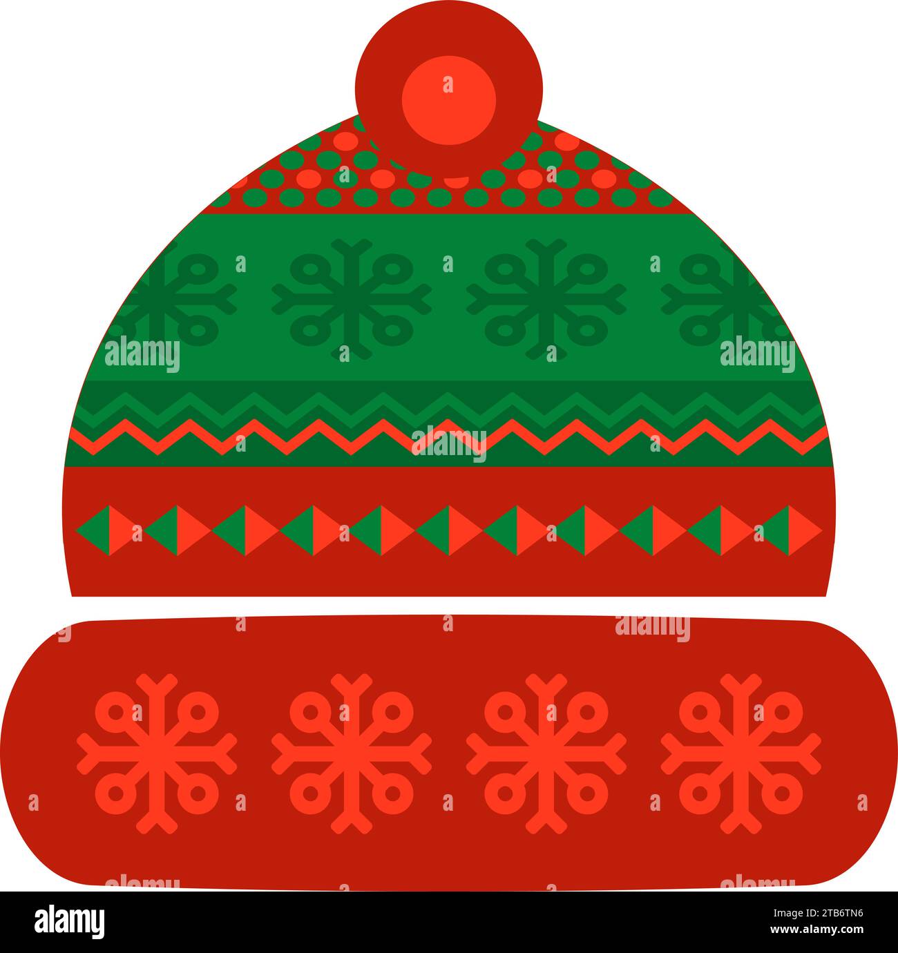 Copricapo in maglia Bubo con motivo natalizio norvegese nei colori rosso e verde. Copricapo lavorato a maglia in stile ornato lavorato a mano. Piatto semplice Illustrazione Vettoriale
