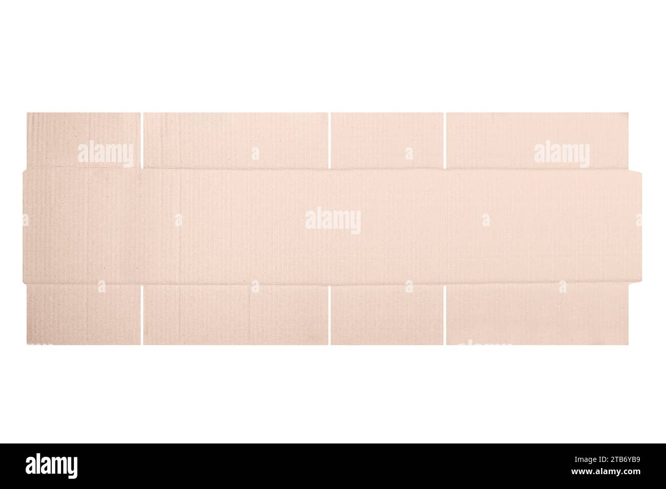 Modello di mockup scatola di cartone con motivo fustellato isolato su sfondo bianco. Lunghezza 26 cm x larghezza 16 cm x altezza 16 cm Foto Stock