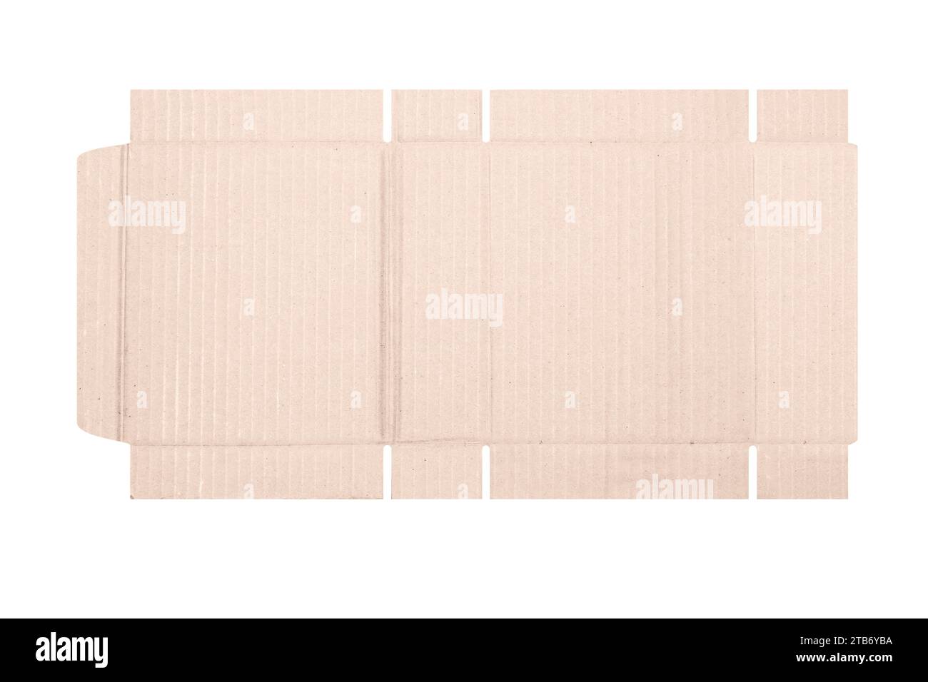 Modello di mockup scatola di cartone con motivo fustellato isolato su sfondo bianco. Lunghezza 13 cm x larghezza 5 cm x altezza 15 cm Foto Stock