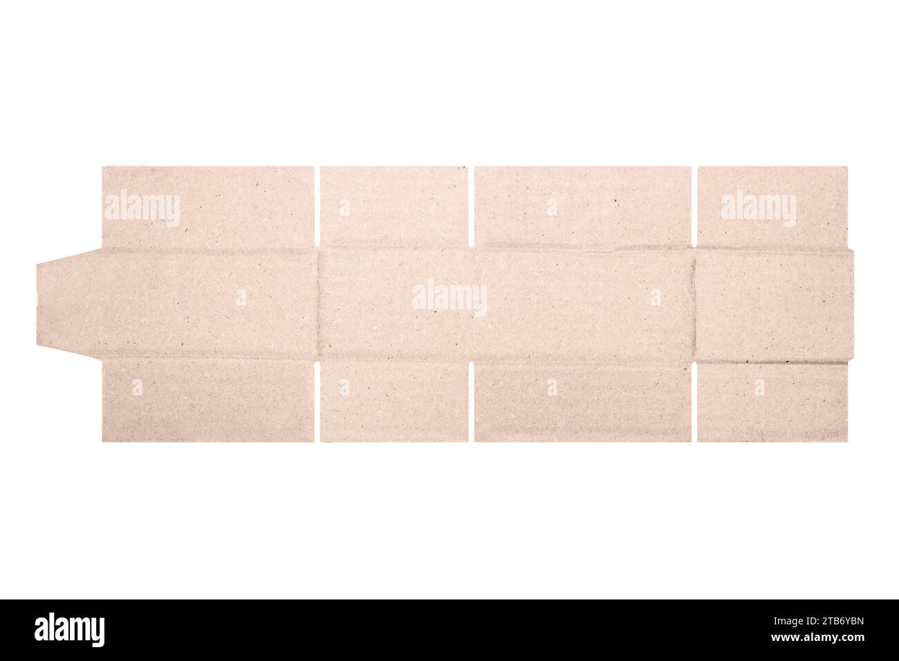 Modello di mockup scatola di cartone con motivo fustellato isolato su sfondo bianco. Lunghezza 10 cm x larghezza 7 cm x altezza 5 cm Foto Stock