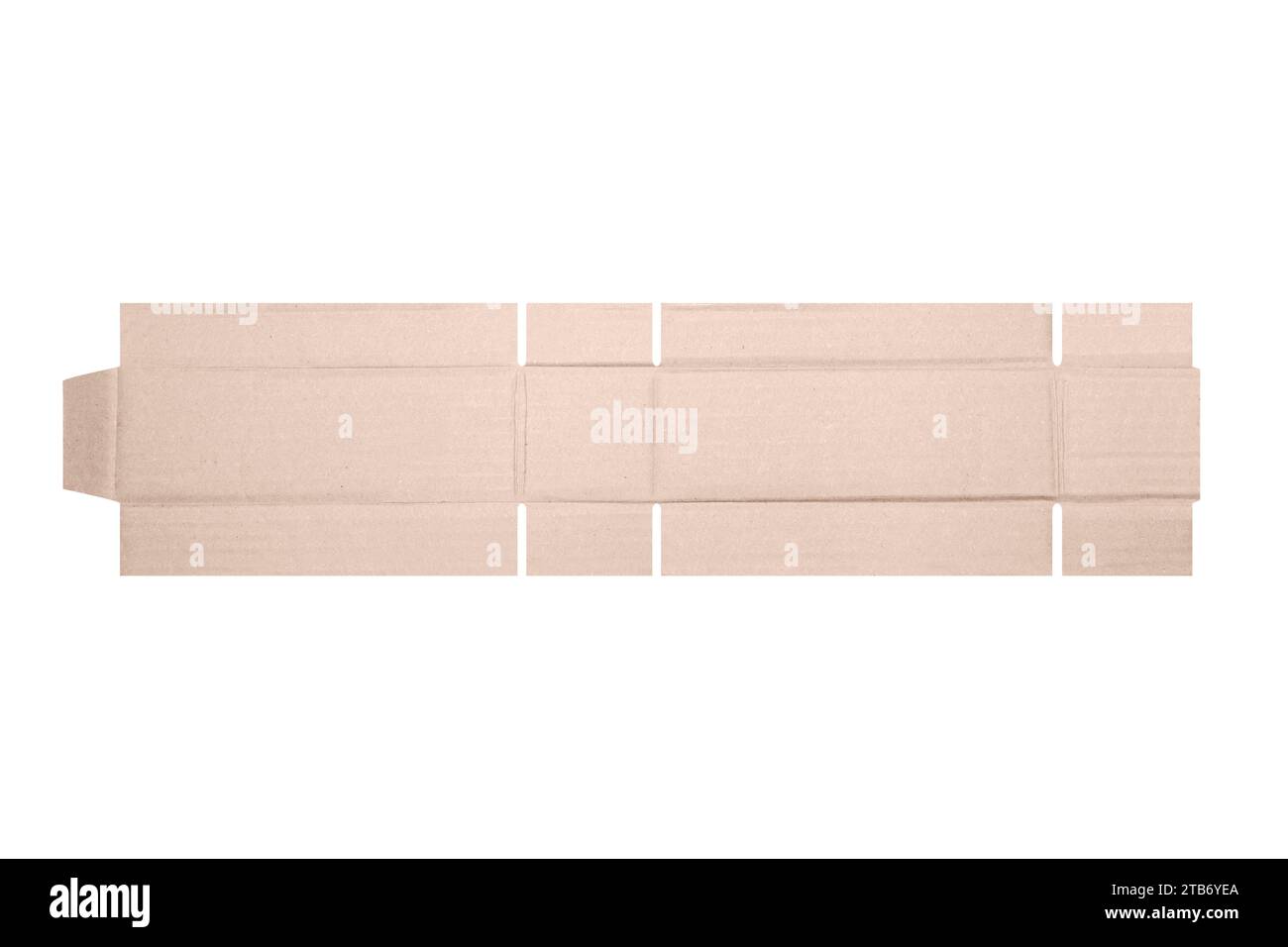 Modello di mockup scatola di cartone con motivo fustellato isolato su sfondo bianco. Lunghezza 18 cm x larghezza 6 cm x altezza 6 cm Foto Stock