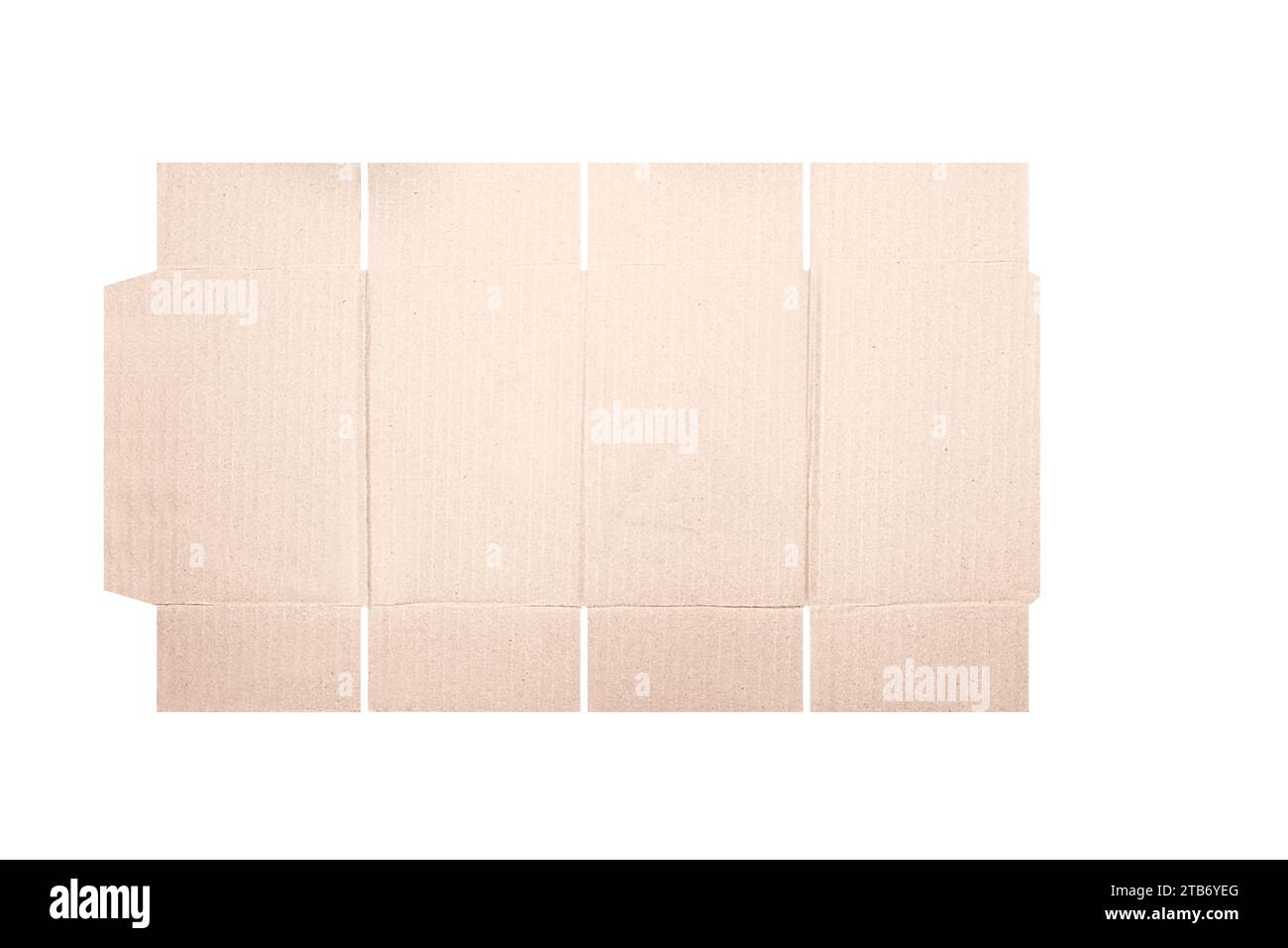 Modello di mockup scatola di cartone con motivo fustellato isolato su sfondo bianco. Lunghezza 10 cm x larghezza 10 cm x altezza 16 cm Foto Stock