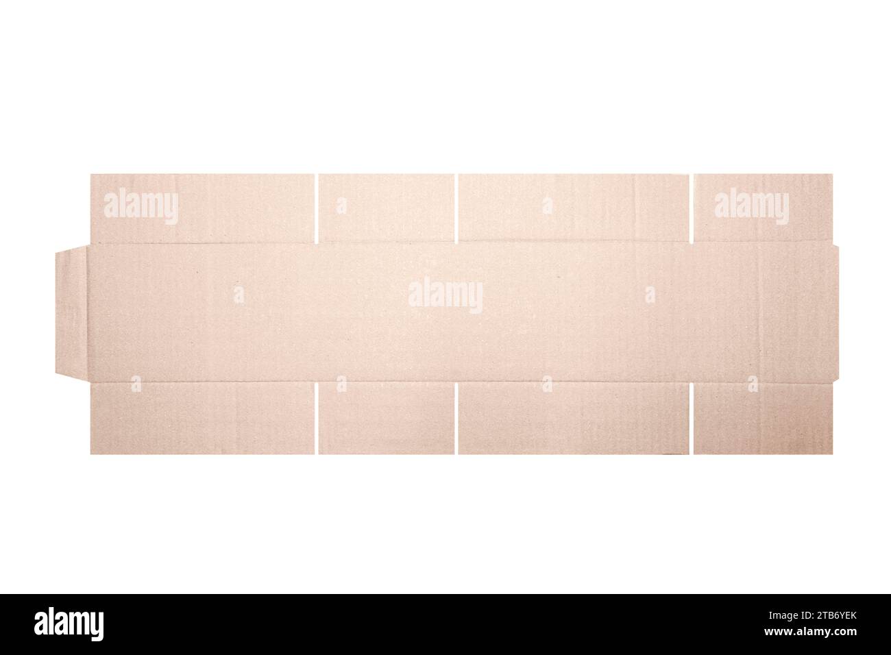 Modello di mockup scatola di cartone con motivo fustellato isolato su sfondo bianco. Lunghezza 20 cm x larghezza 12 cm x altezza 12 cm Foto Stock