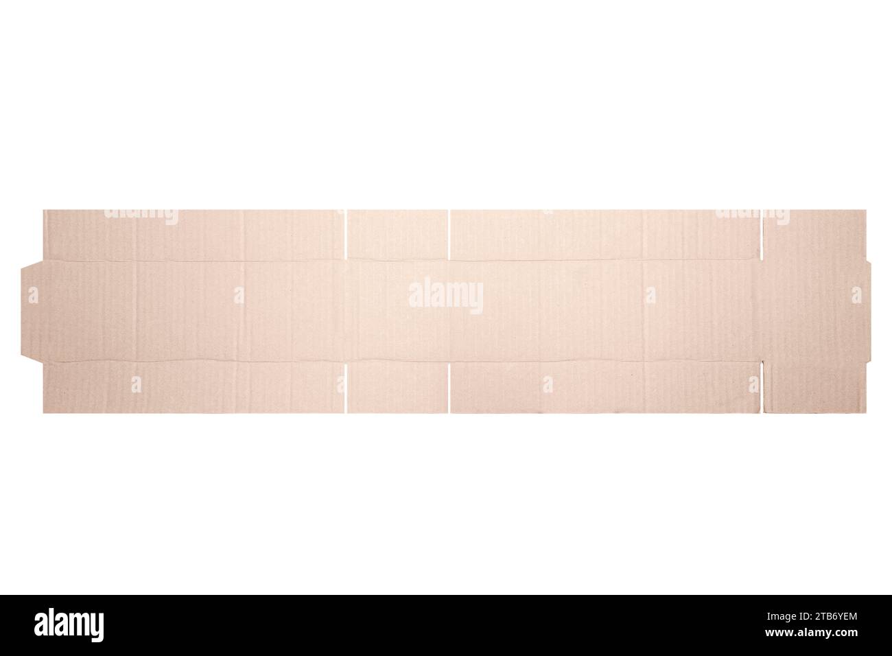 Modello di mockup scatola di cartone con motivo fustellato isolato su sfondo bianco. Lunghezza 30 cm x larghezza 10 cm x altezza 10 cm Foto Stock