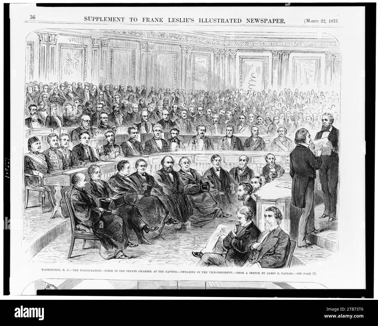 Washington, D.C. - la scena dell'inaugurazione nella camera del Senato del Campidoglio - giuramento nel vicepresidente - da uno schizzo di James E. Taylor. Foto Stock