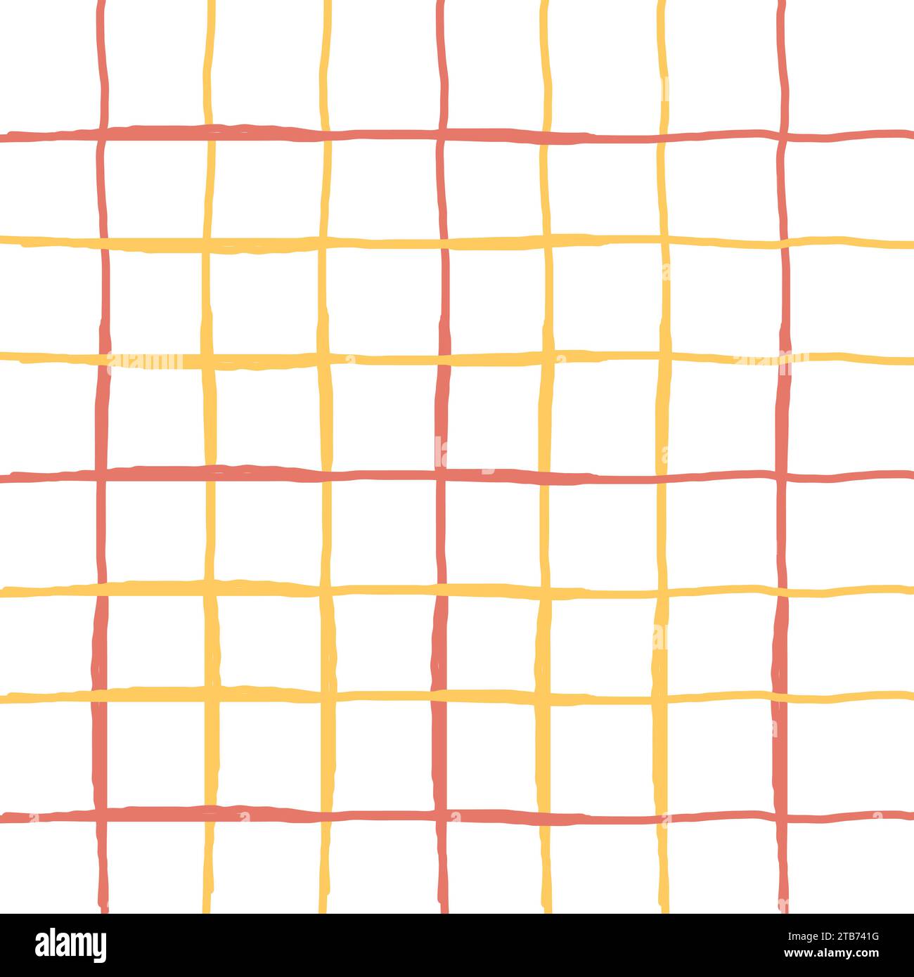 Modello vettoriale a quadri di controllo Doodle Gingham. Strisce rosse e gialle incrociate verticali e orizzontali tracciate a mano. Sfondo geometrico a mano libera equato. Illustrazione Vettoriale