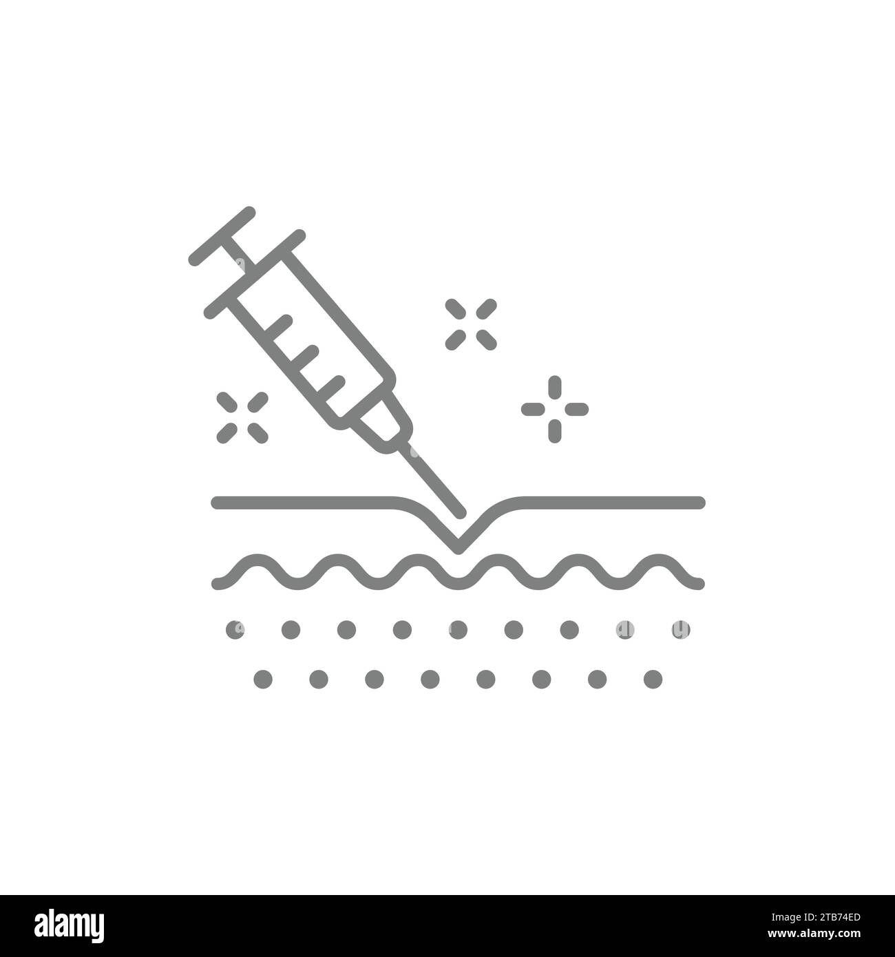 Icona siringa, linea di iniezione e botox terapia. Simbolo del trattamento di bellezza e della cura della pelle per le rughe. Illustrazione Vettoriale