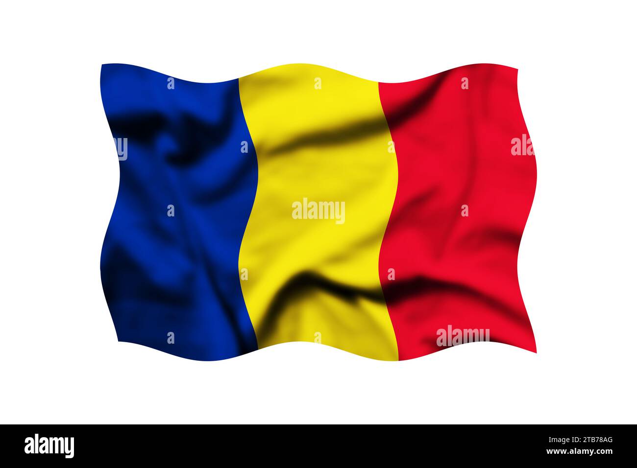 La bandiera della Romania che sventola nel vento isolata su uno sfondo trasparente. rendering 3d. Tracciato di ritaglio incluso Foto Stock