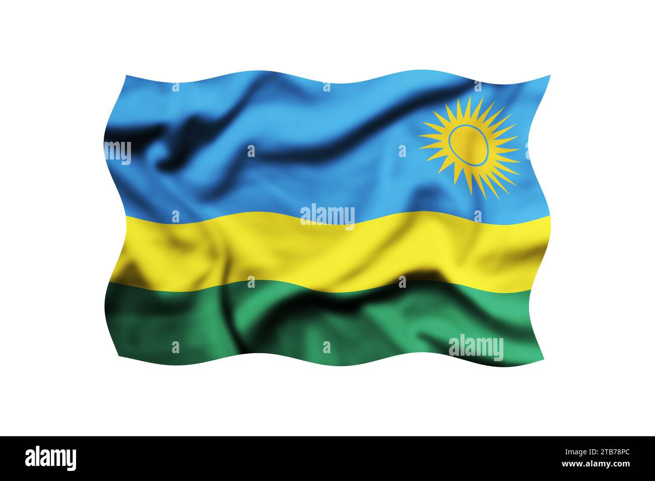 Bandiera del Ruanda che sventola isolata su un primo piano trasparente ed estremo. Tracciato di ritaglio incluso Foto Stock