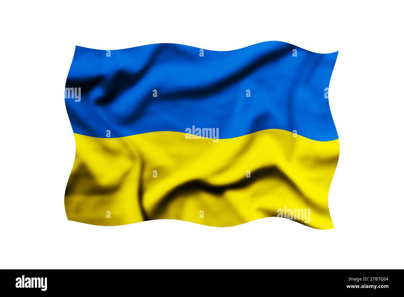 La bandiera dell'Ucraina sventola nel vento su uno sfondo bianco. rendering 3d. Tracciato di ritaglio incluso Foto Stock