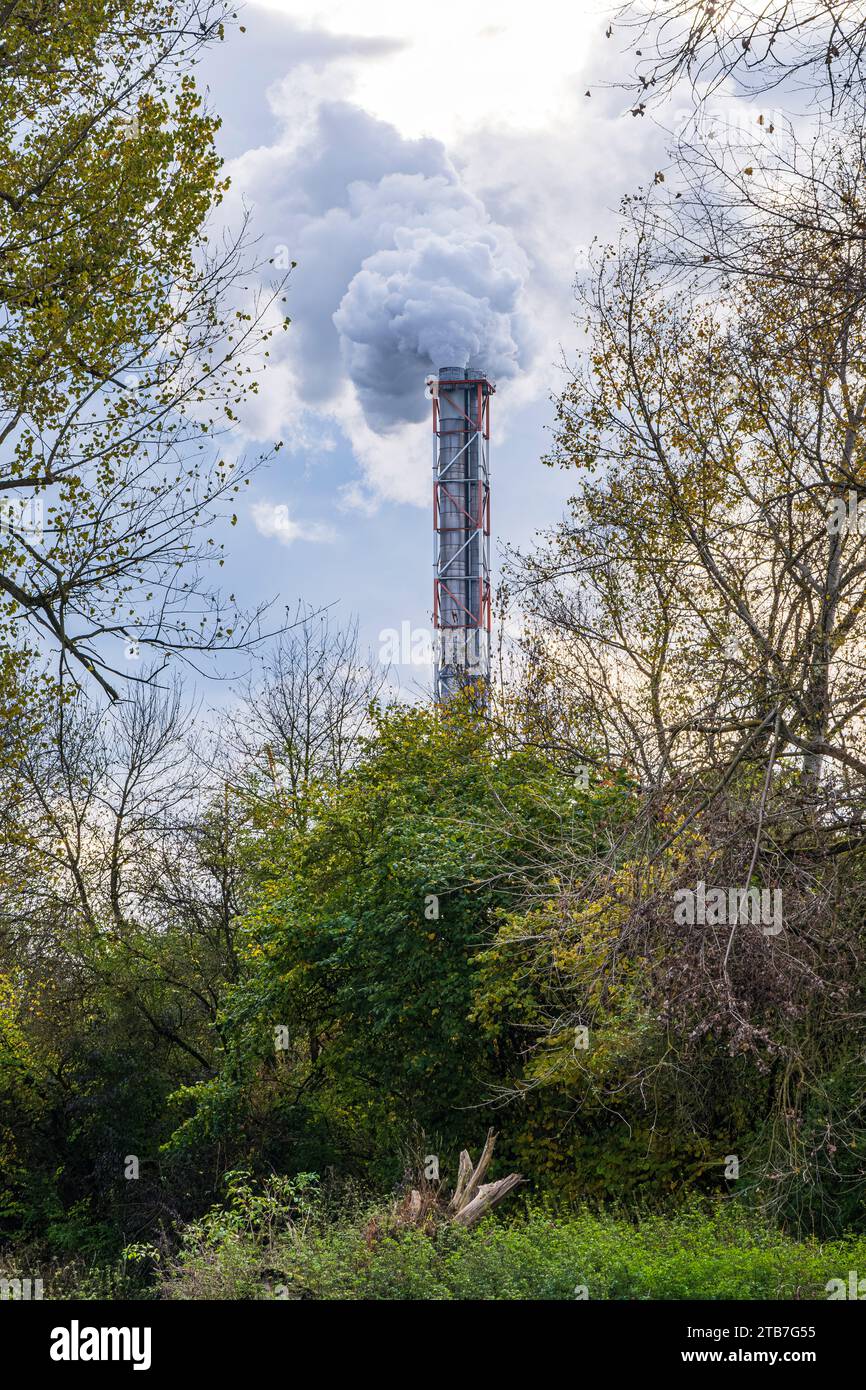 Immagine simbolica, emissione di fumi di scarico dal camino di un impianto industriale nell'ambiente. Foto Stock