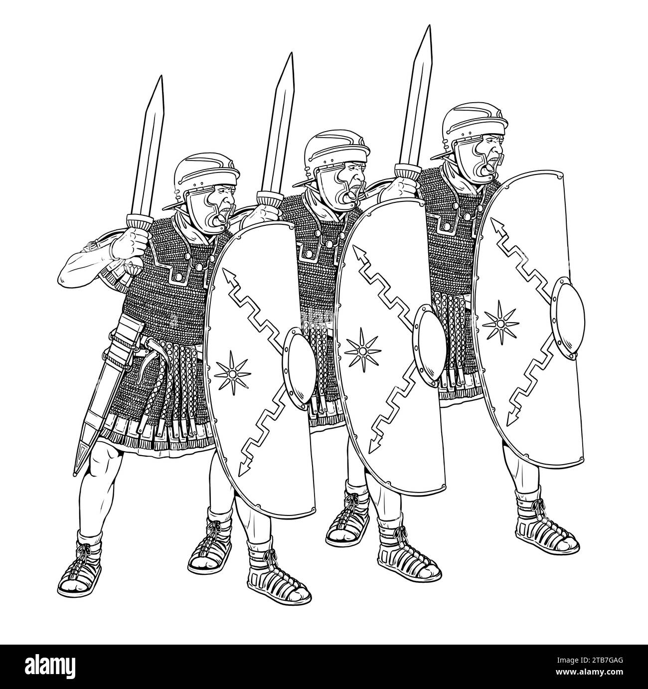 Attacco dei legionari romani. Antica battaglia. Disegno storico. Foto Stock