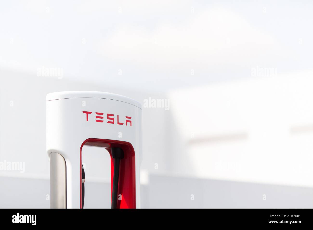 Dettaglio con il logo di un terminale Supercharger, livello 3 (480 V) Supercharger o carica rapida CC, per veicoli elettrici Tesla. Per gentile concessione di Tesla, Inc Foto Stock