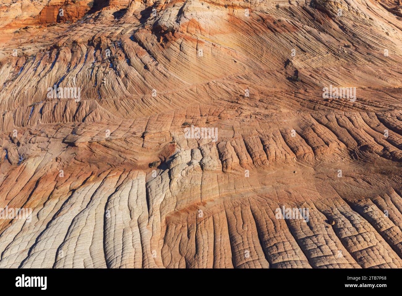 Splendida vista aerea del terreno desertico eroso, che mostra l'arte della natura con motivi e texture dettagliati. Foto Stock