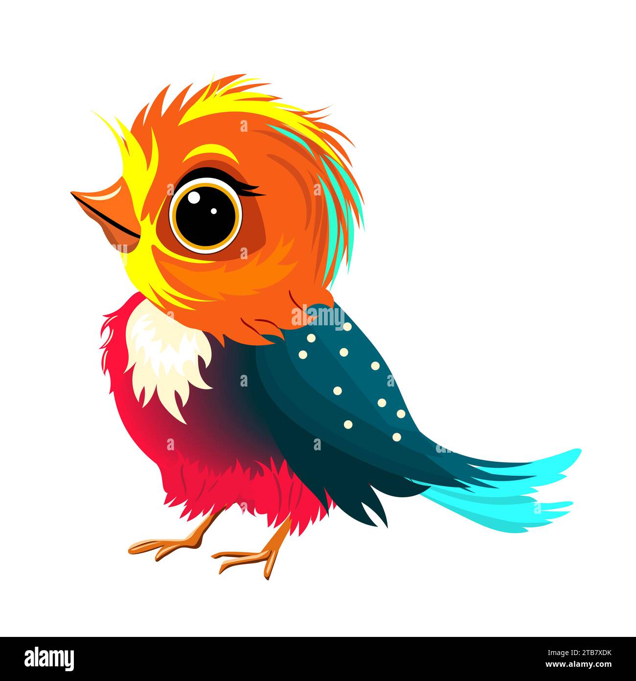 Piccolo uccellino, dipinto con colori brillanti, con piumaggio multicolore, su sfondo bianco. Illustrazione Vettoriale