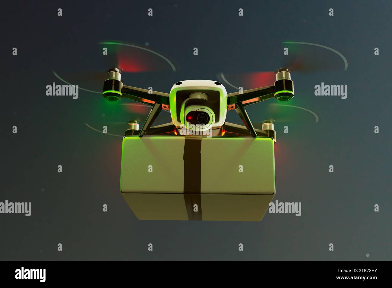 Un avanzato drone autonomo scivola attraverso il cielo notturno offrendo un pacchetto, illuminato da luci di navigazione, che mostra logistica futuristica e. Foto Stock