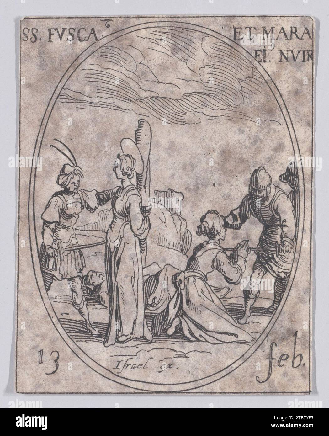 Ste. Fusque et St. Maure, sa nourrice (St. Fusca e St Maura, sua infermiera), 13 febbraio, da "Les Images De Tous Les Saincts et Saintes de l'Annee" (immagini di tutti i Santi e gli eventi religiosi dell'anno) 1917 di Jacques Callot Foto Stock