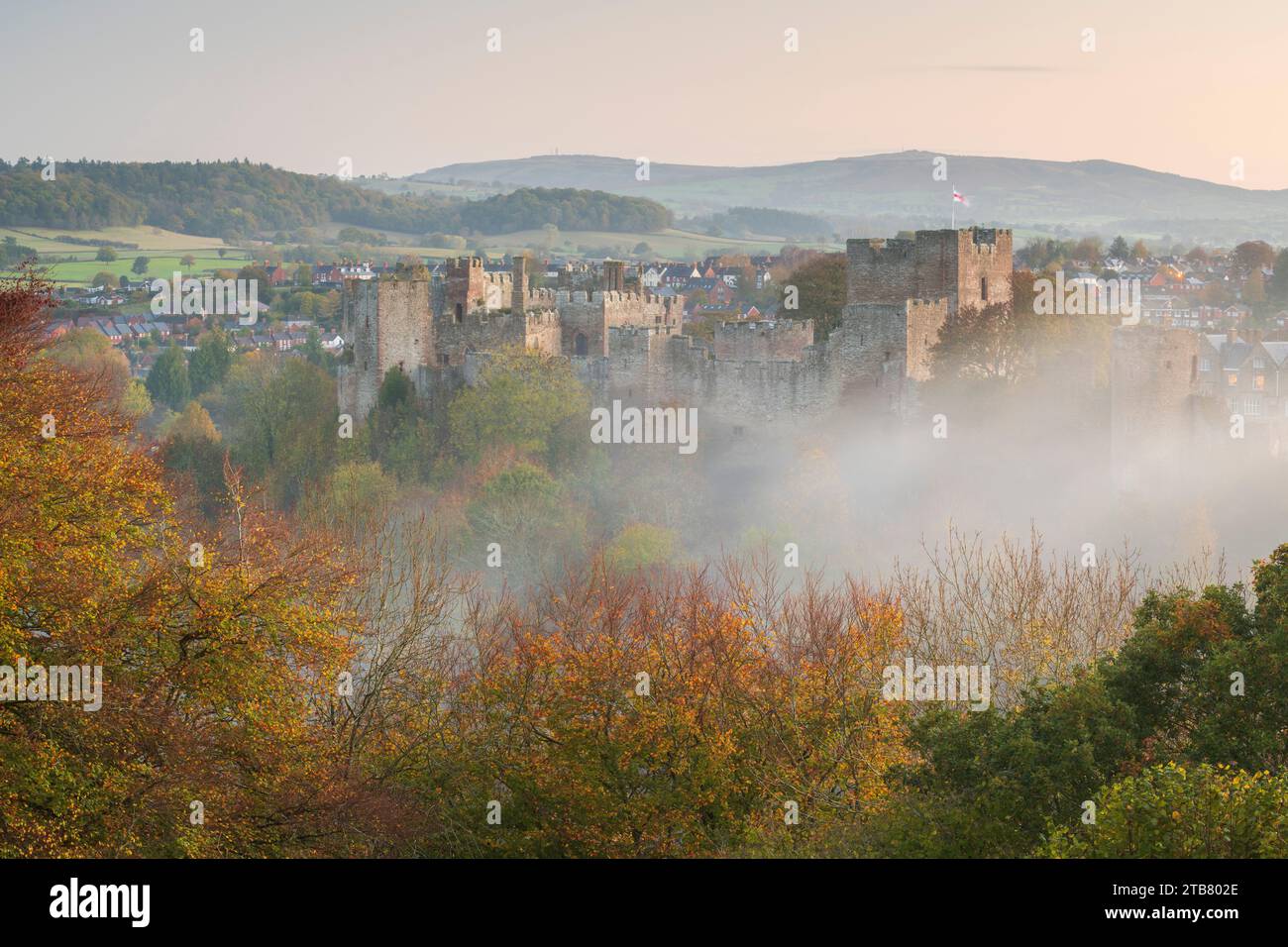 Castello di Ludlow all'alba in una nebbiosa mattinata autunnale, Ludlow, Shropshire, Inghilterra. Autunno (novembre) 2022. Foto Stock
