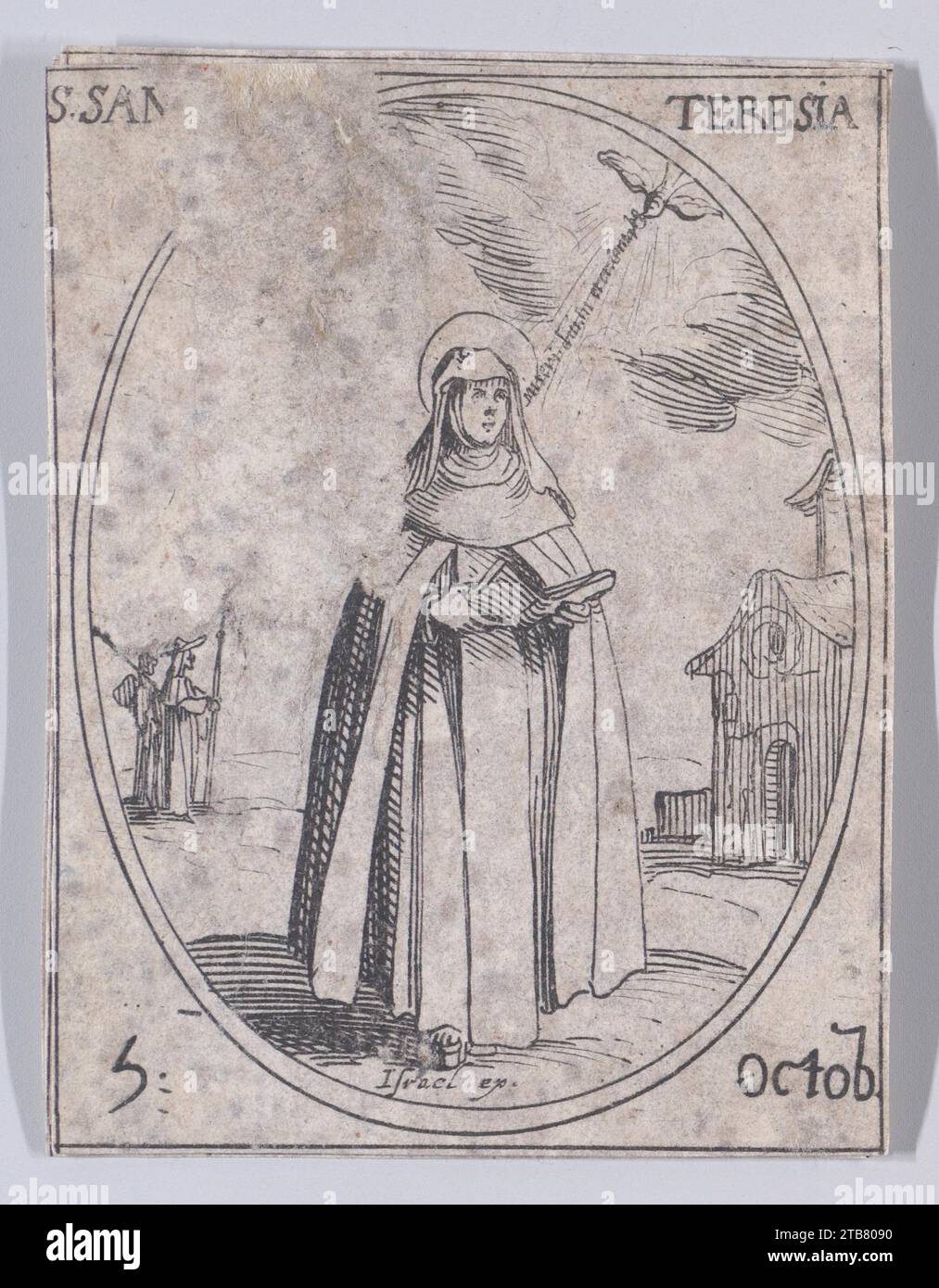 Ste. Therese (Santa Teresa d'Avila), 5 ottobre, da "Les Images De Tous Les Saincts et Saintes de l'Annee" (immagini di tutti i Santi e gli eventi religiosi dell'anno) 1917 di Jacques Callot Foto Stock