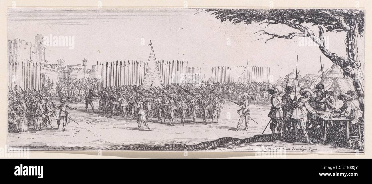 L'Enrolement des Troupes (l'arruolamento delle truppe), da Les Miseres et les mal-Heures de la Guerre (le miserie e le disgrazie della guerra), targa 2 1957 di Jacques Callot Foto Stock