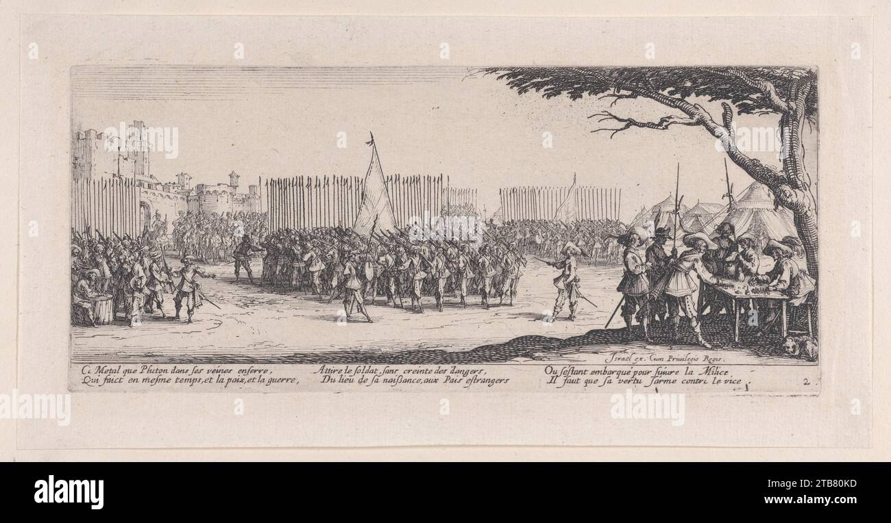 L'Enrolement des Troupes (l'arruolamento delle truppe), da Les Miseres et les mal-Heures de la Guerre (la miserie e le disgrazie della guerra), targa 2 1957 di Jacques Callot Foto Stock