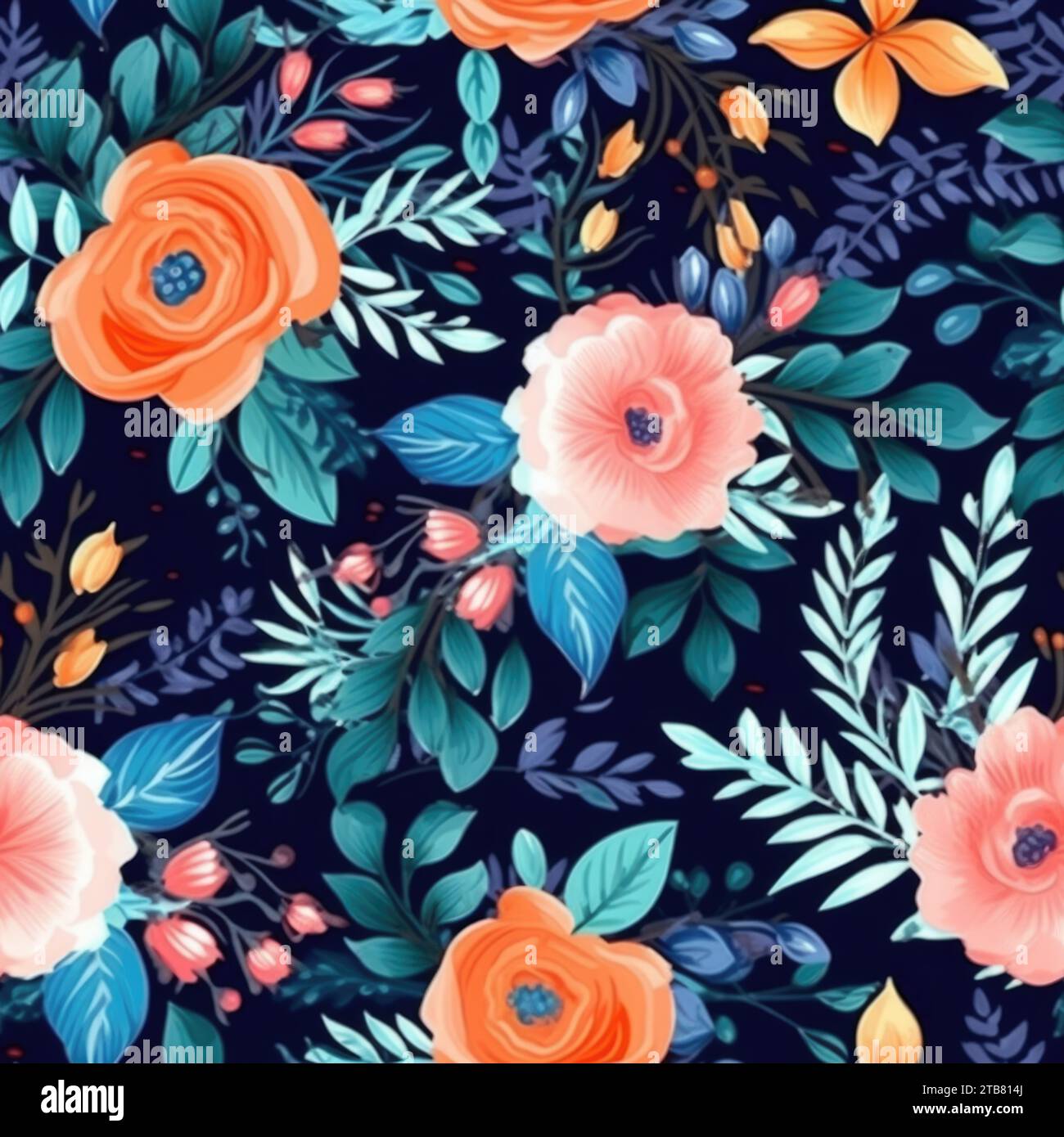 Questa immagine presenta un'incredibile gamma di rose e fogliame blu vivaci disposti in un accattivante motivo floreale Foto Stock