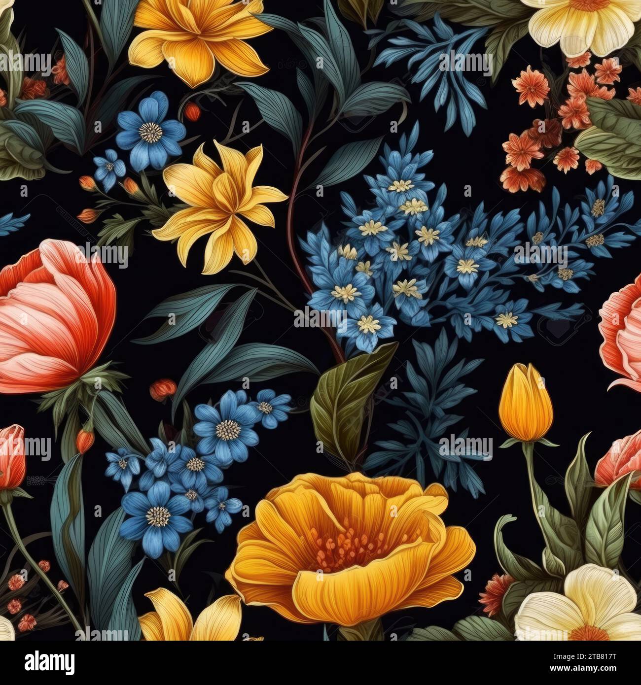 Questa vivace immagine presenta un vivace design floreale su uno sfondo nero Foto Stock