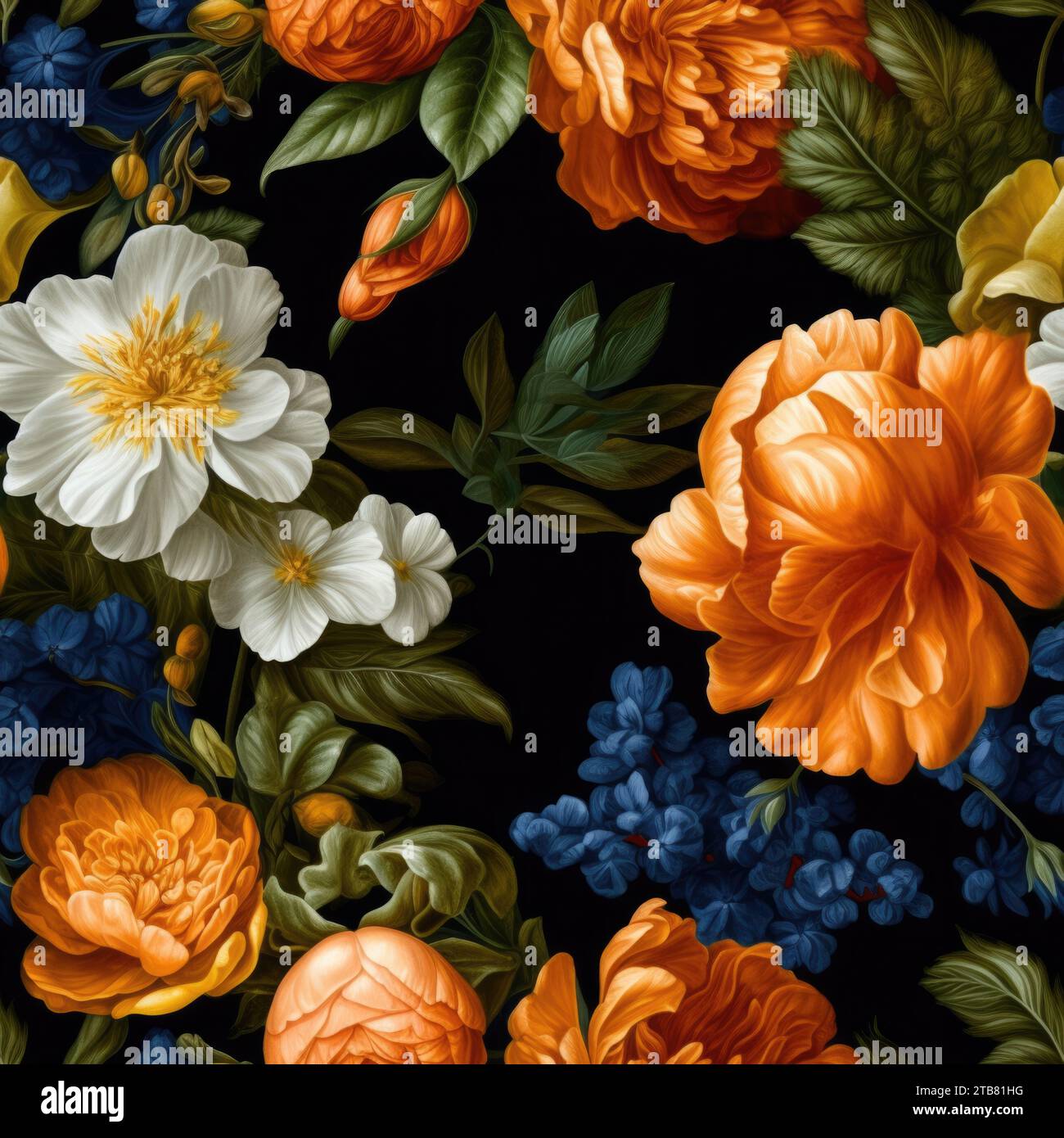 Un'immagine di sfondo scuro con un dettagliato motivo floreale composto da numerosi fiori e bacche Foto Stock