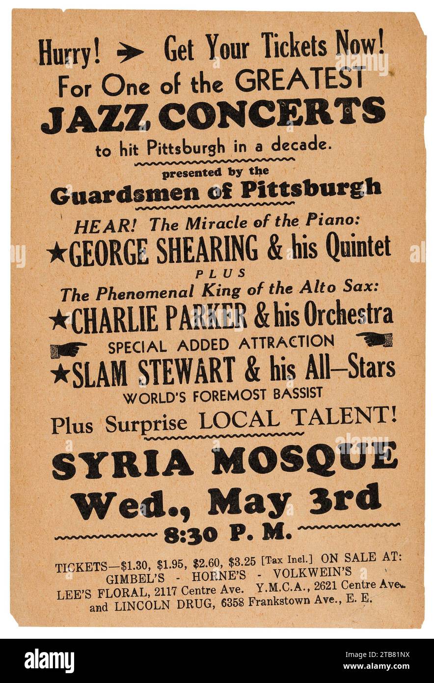 Poster Jazz d'epoca - Charlie 'Bird' Parker 1950 Pittsburgh, Moschea Siria, PA Concert Handbill - volantino Foto Stock