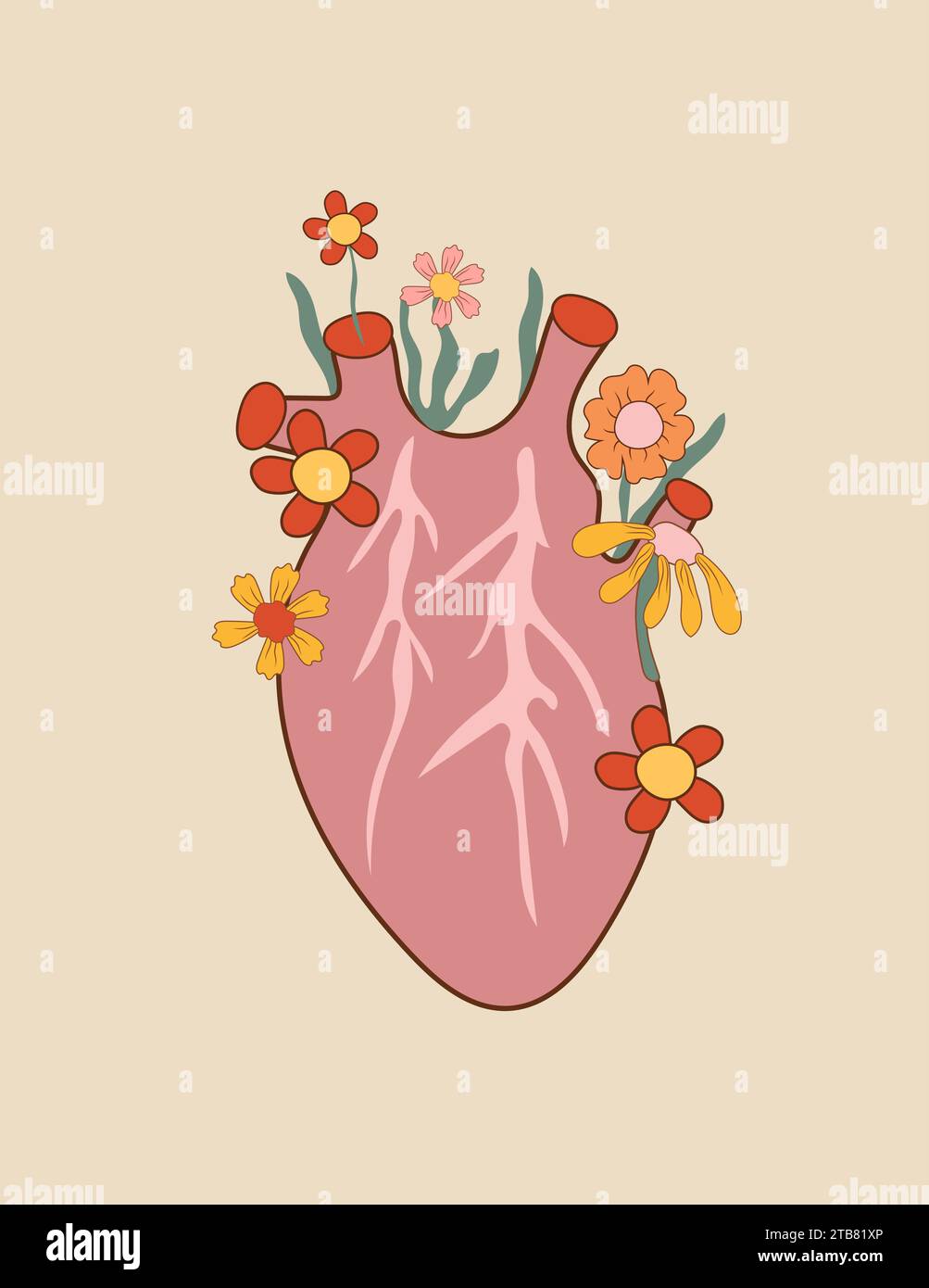 Groovy Heart, margherita, fiore perfetto per poster a tema Hippie anni '60-'70, biglietti di auguri adesivi, copertine, stampe di t-shirt e inviti a feste. Illustrazione Vettoriale