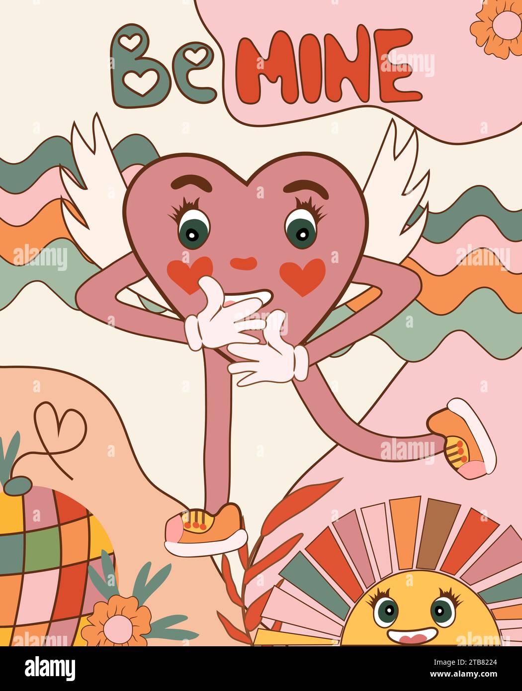 Elegante collezione di adesivi hippie Love per un felice San Valentino in stile retrò. Con personaggi a cuore gioioso in stile comico e fiori in un elegante design dei cartoni animati retrò anni '60-70. Illustrazione vettoriale. Illustrazione Vettoriale
